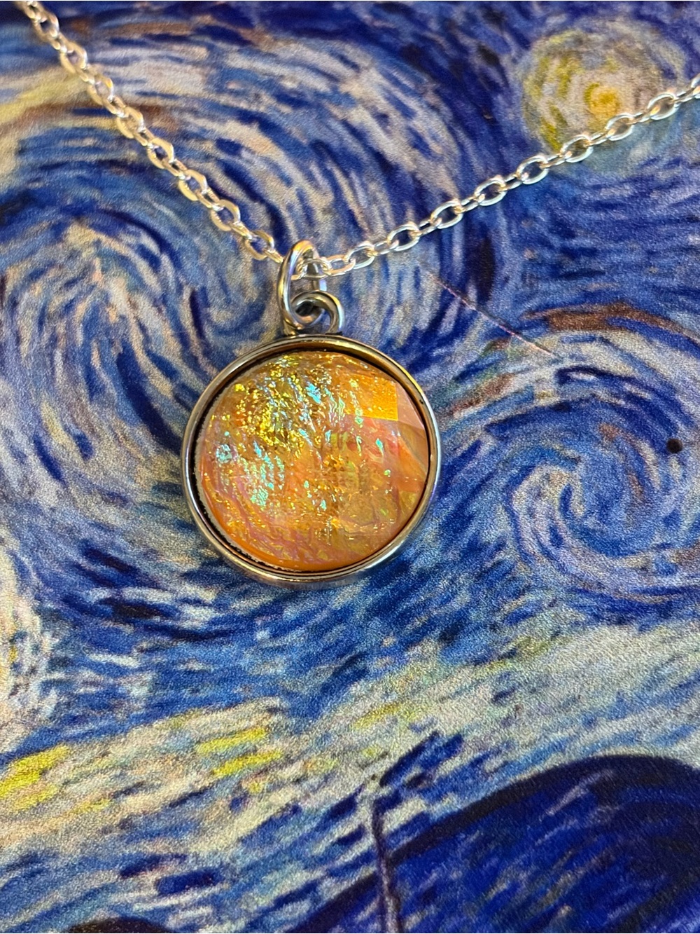 Silver Pendant Necklace with Iridescent Summery Yellow Rounded Charm